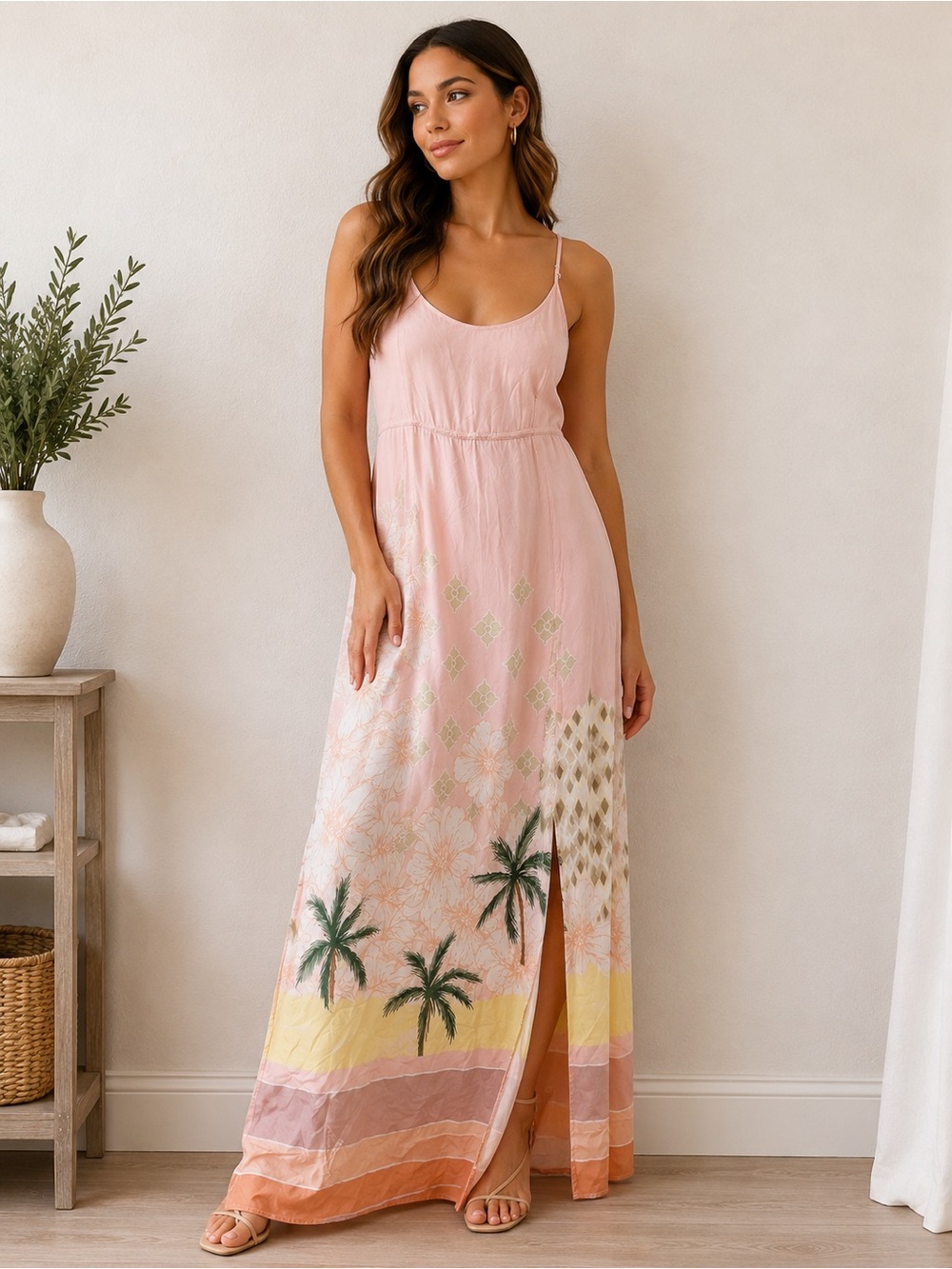 Sleeveless Pink Tropical-Print Maxi Dress